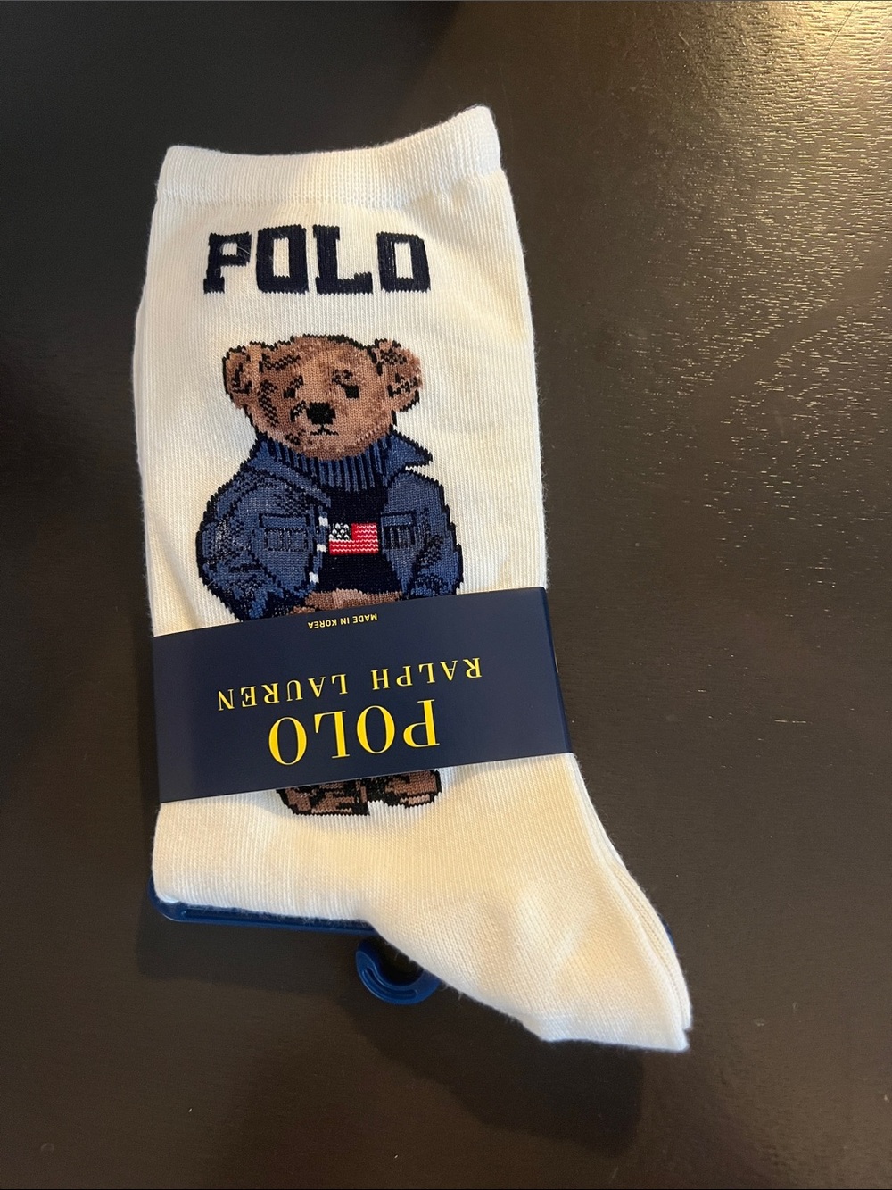 NWT Polo by Ralph Lauren White Crew Socks with Bear and Navy Accents